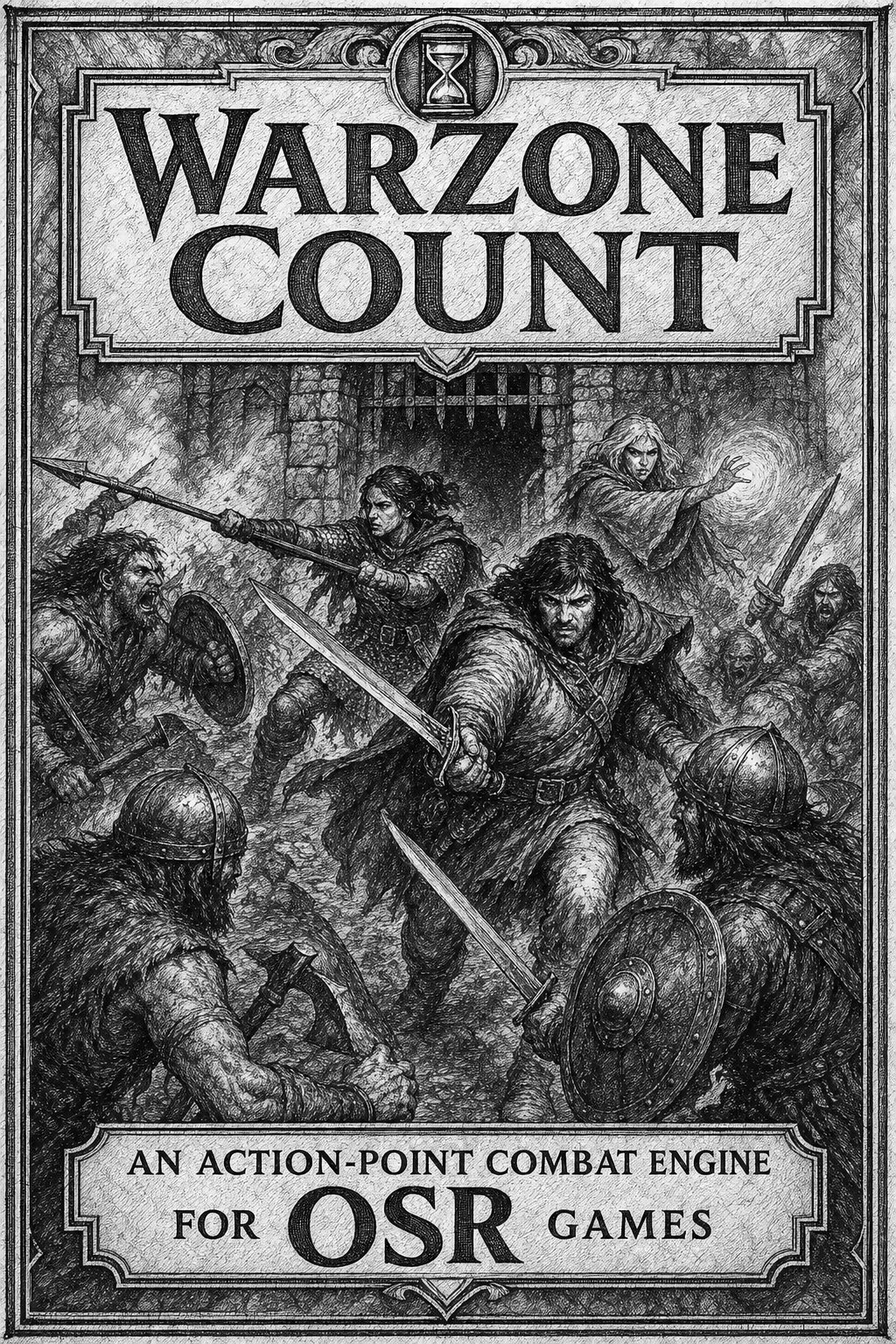 WarZone Count cover — an OSR action-point combat expansion in classic black-and-white fantasy engraving style.