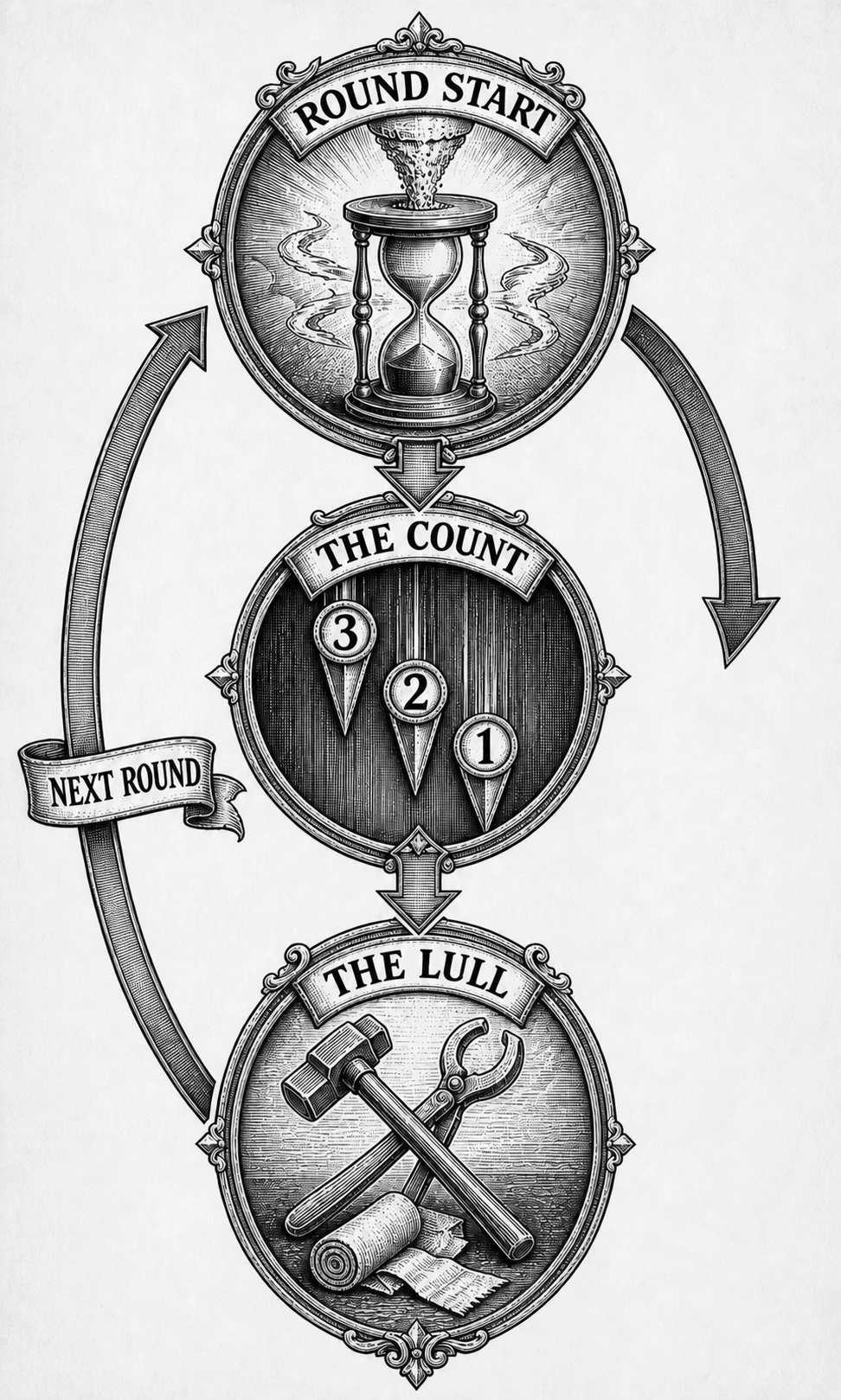The Round cycle proceeds from Round Start to the Count, then the Lull, and then the next Round.