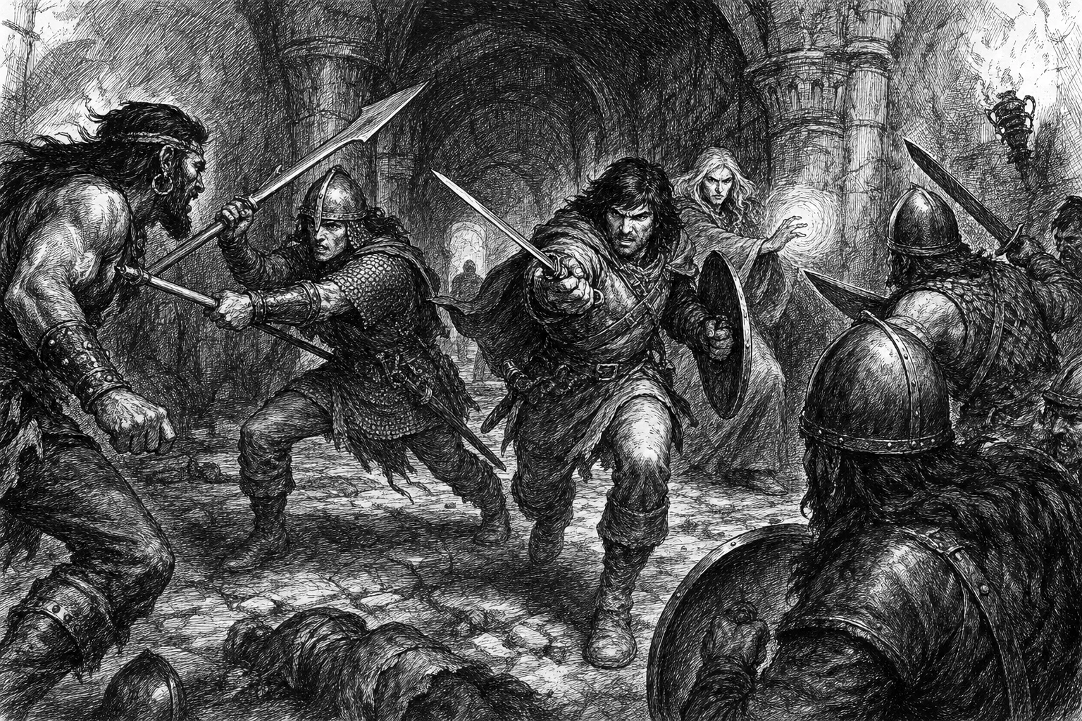 A sword fighter advances as a spear fighter stops a charge and a magic-user holds a spell behind the line.