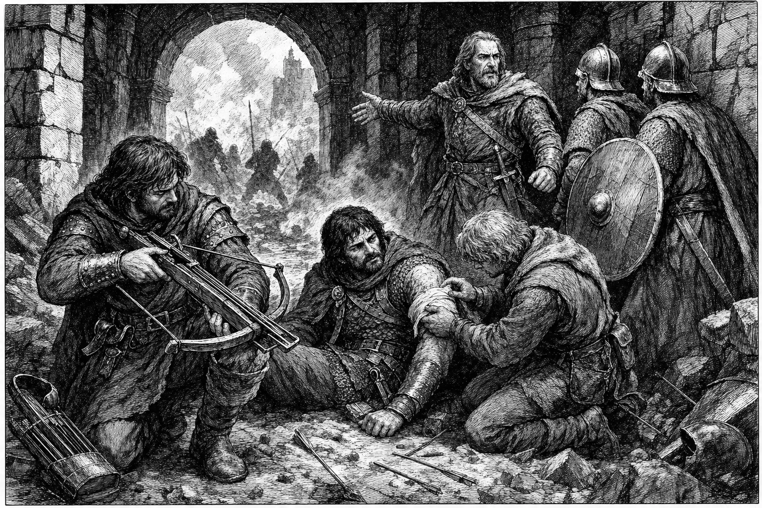 During the Lull, one combatant reloads, another binds a wound, and a captain rallies shaken retainers.