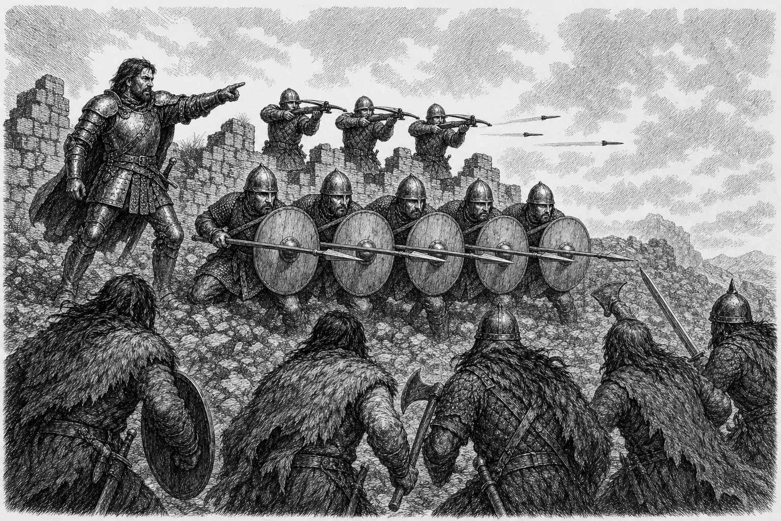 A mercenary captain commands a shielded spear formation while a rear crossbow squad fires a volley.